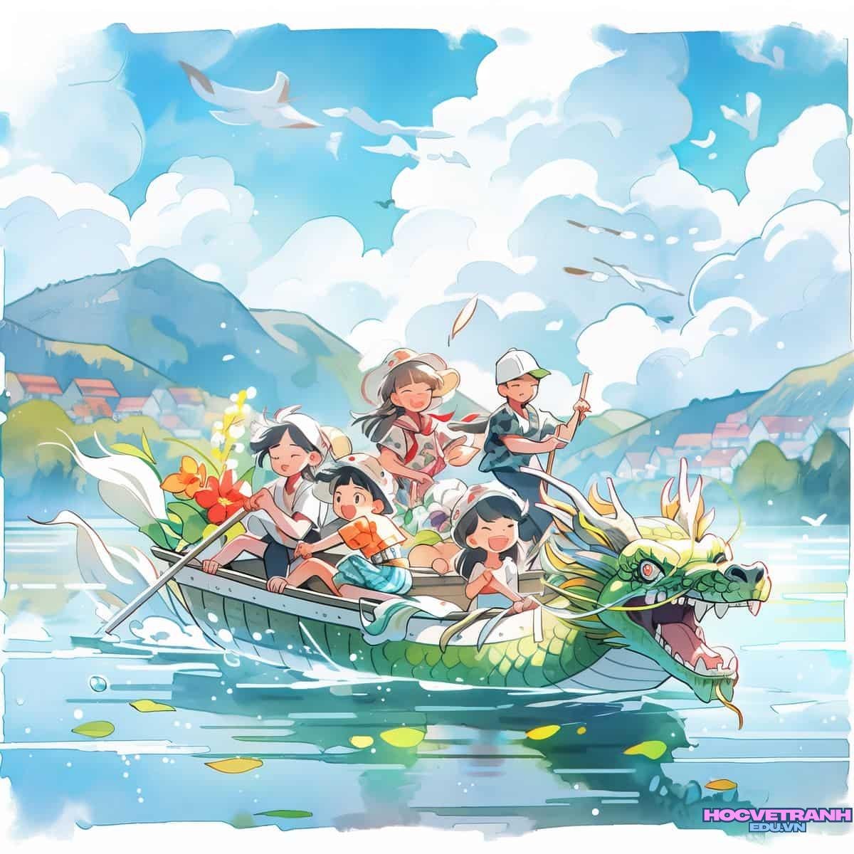 ve tranh canh dua ghe song.