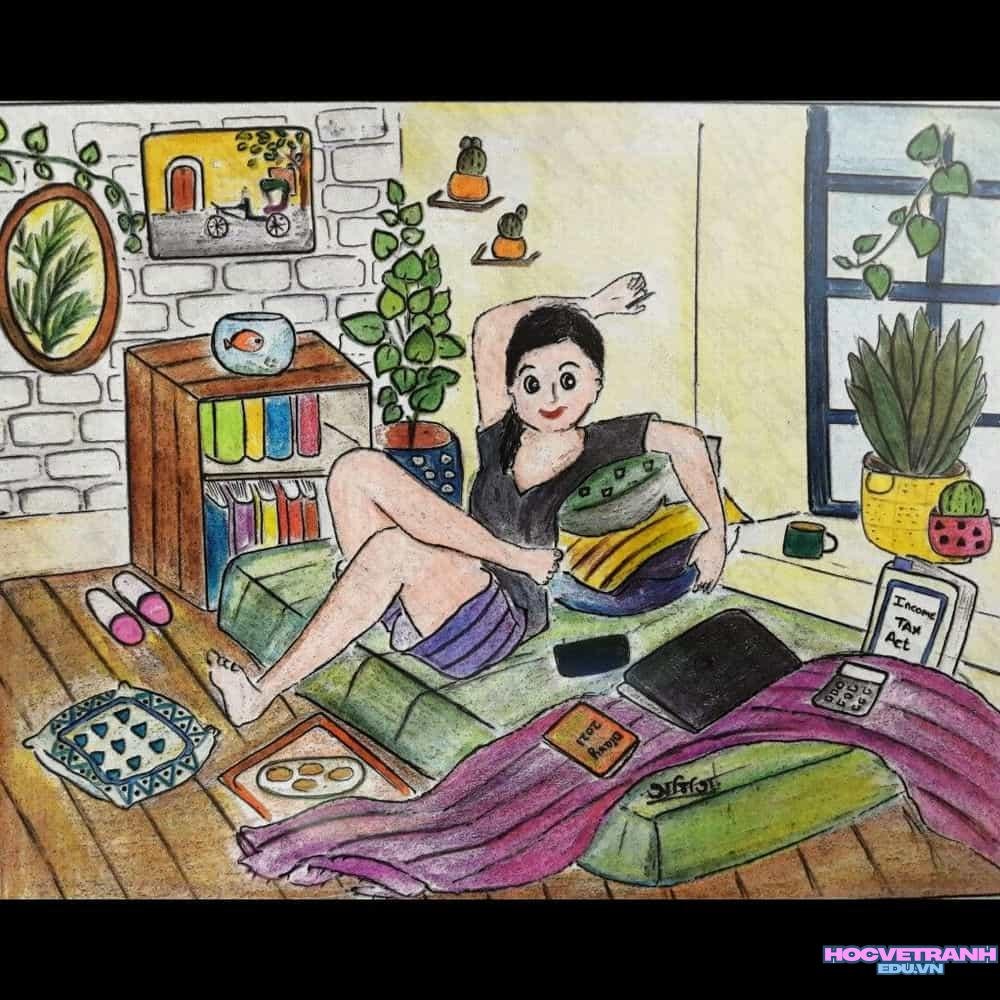 vẽ tranh góc học tập sáng