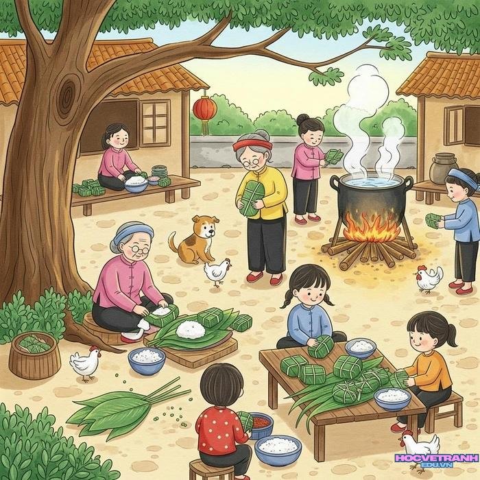 vẽ tranh làng nghề truyền thống bánh trưng bờ đậu