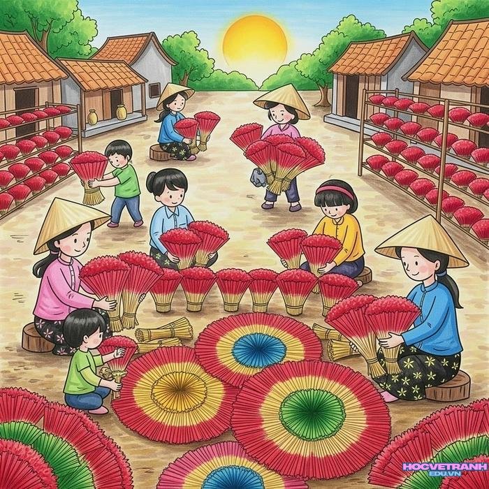 vẽ tranh làng nghề truyền thống bó hương