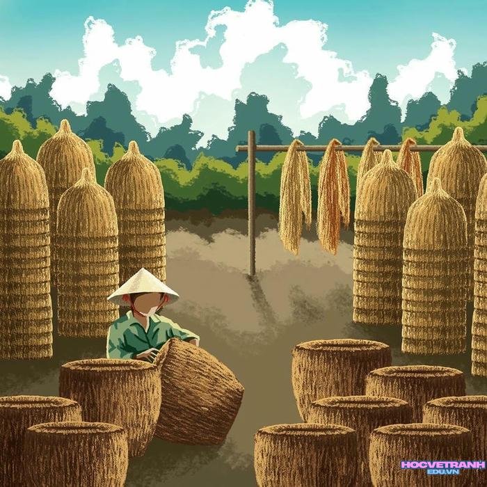 vẽ tranh làng nghề truyền thống đan lát