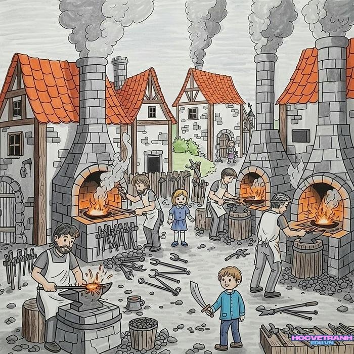vẽ tranh làng nghề truyền thống đúc