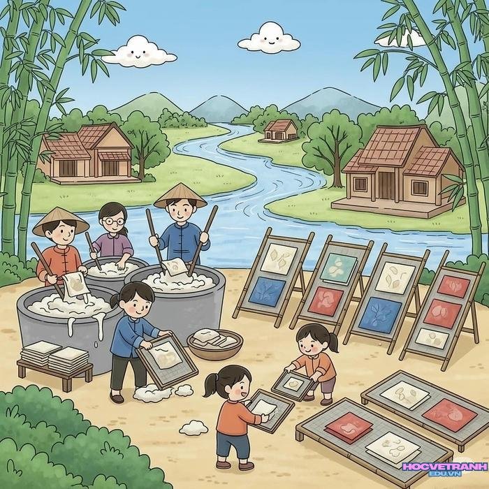 vẽ tranh làng nghề truyền thống làm giấy