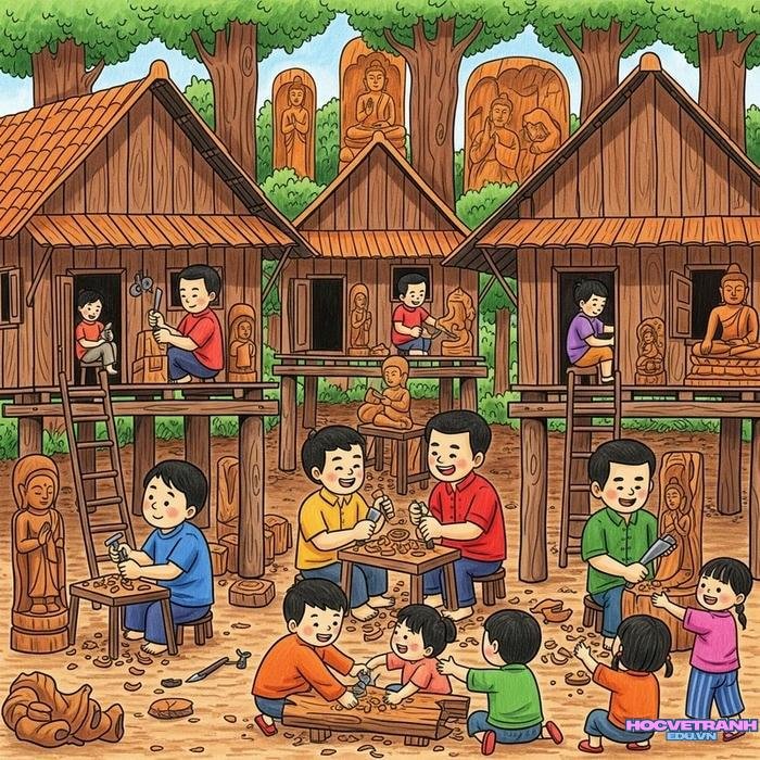 vẽ tranh làng nghề truyền thống làm mộc