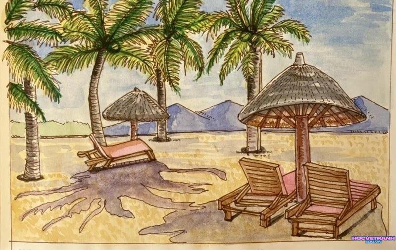 vẽ tranh màu nước bãi biển