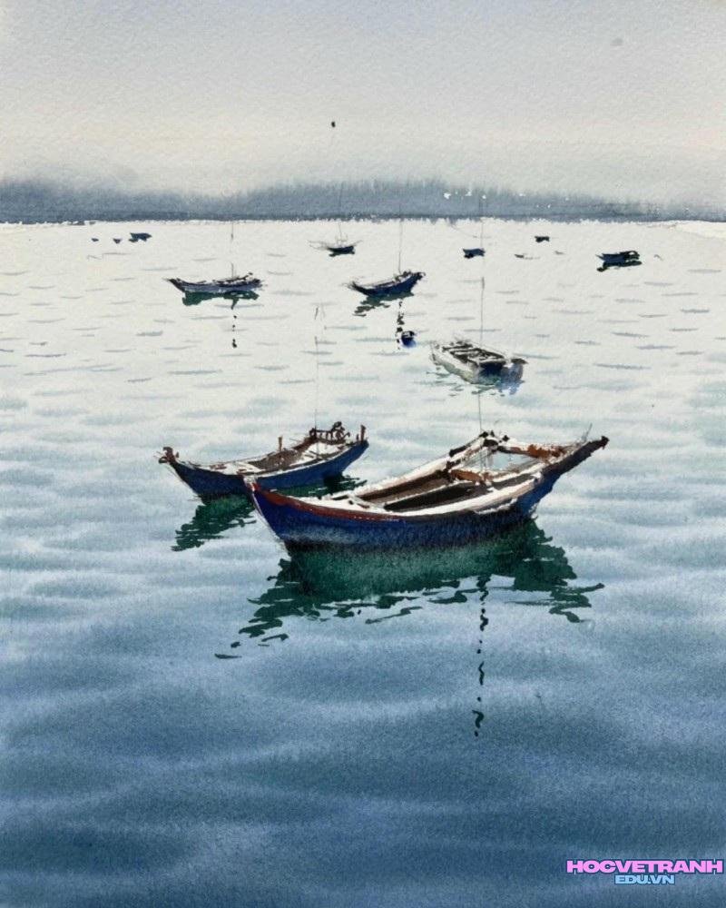 vẽ tranh màu nước biển lặng
