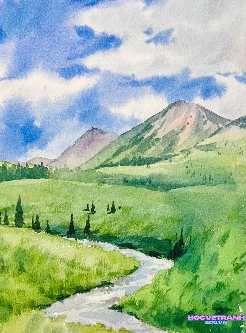 vẽ tranh màu nước cánh đồng