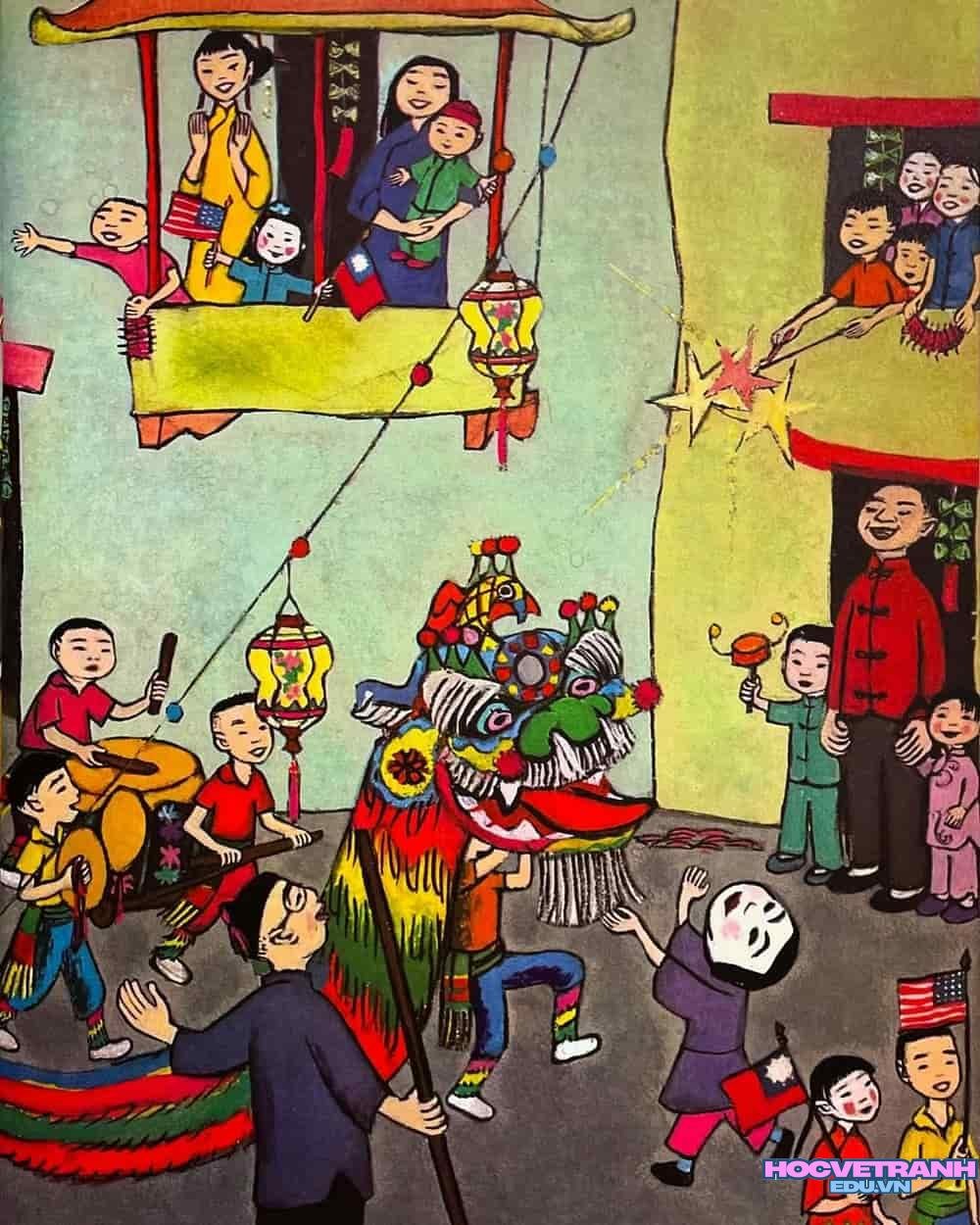 vẽ tranh múa lân đầu năm