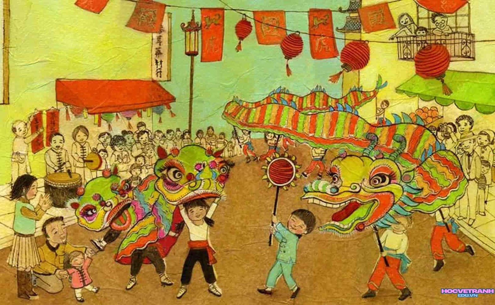 vẽ tranh múa lân lễ hội