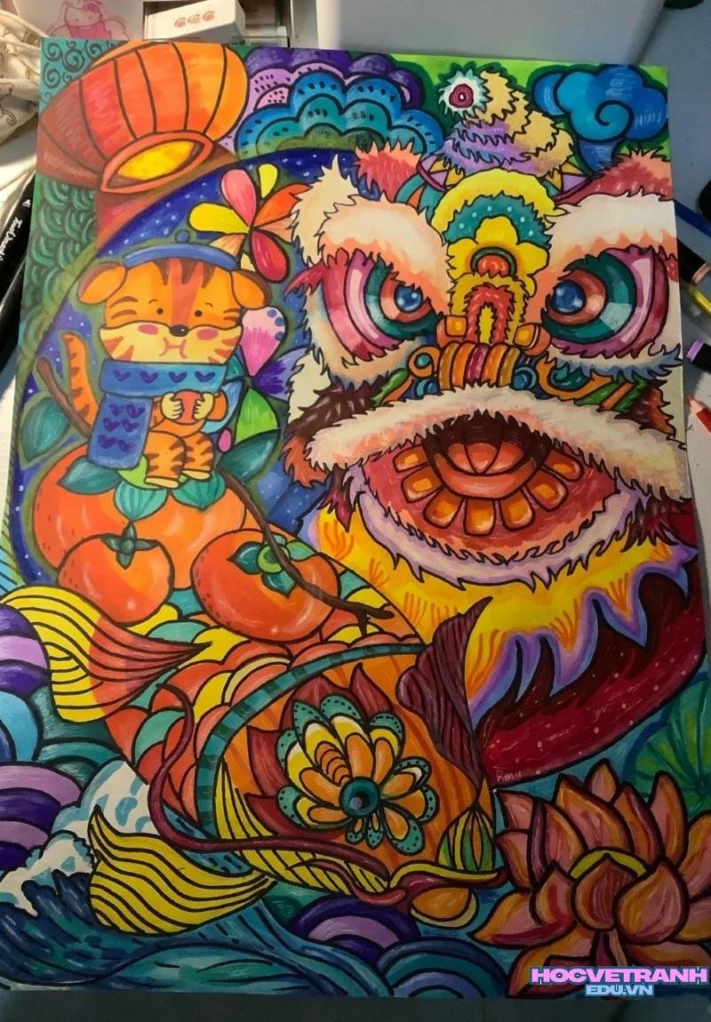 vẽ tranh múa lân ngày tết đon gian