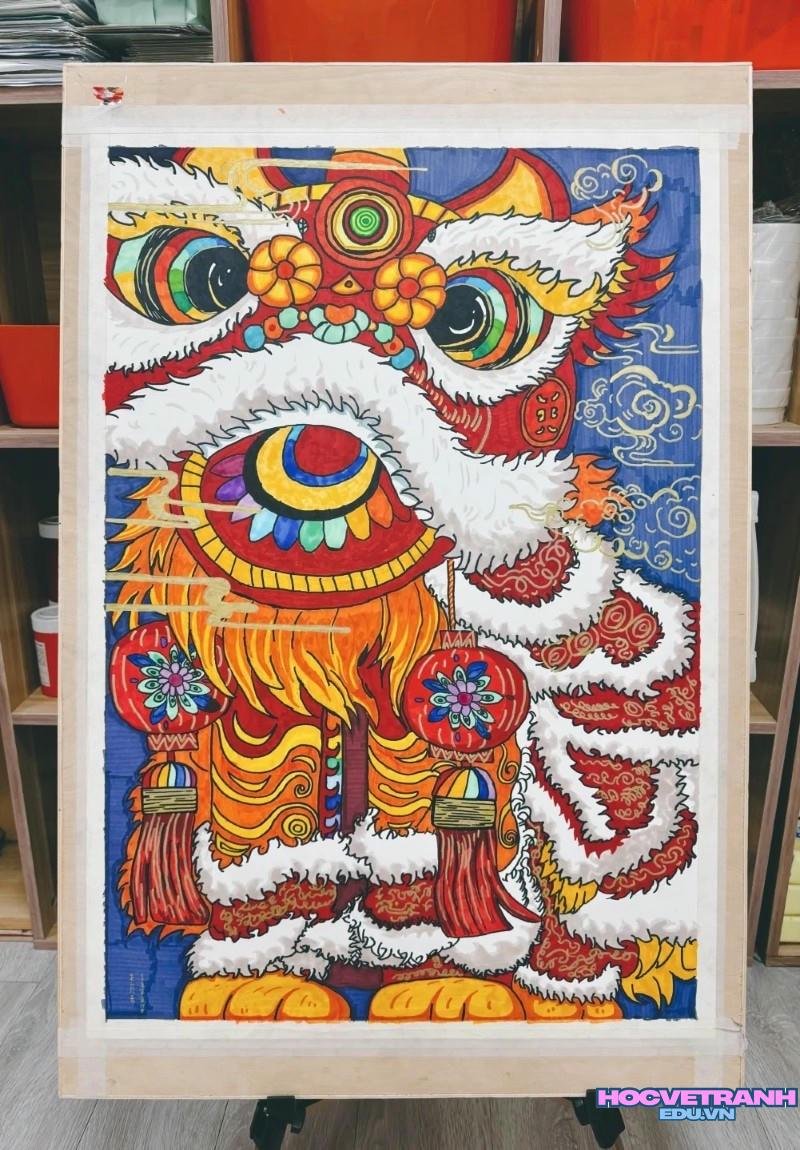vẽ tranh múa lân ngày tết đpẹ vậy