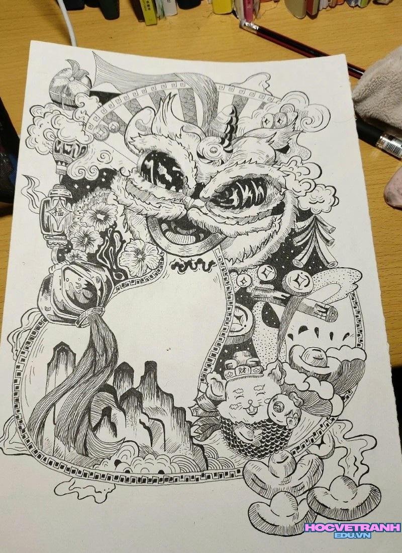 vẽ tranh múa lân ngày tết không màu