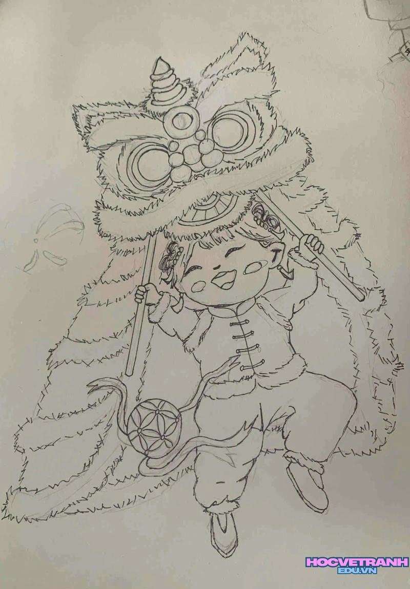 vẽ tranh múa lân ngày tết không tô