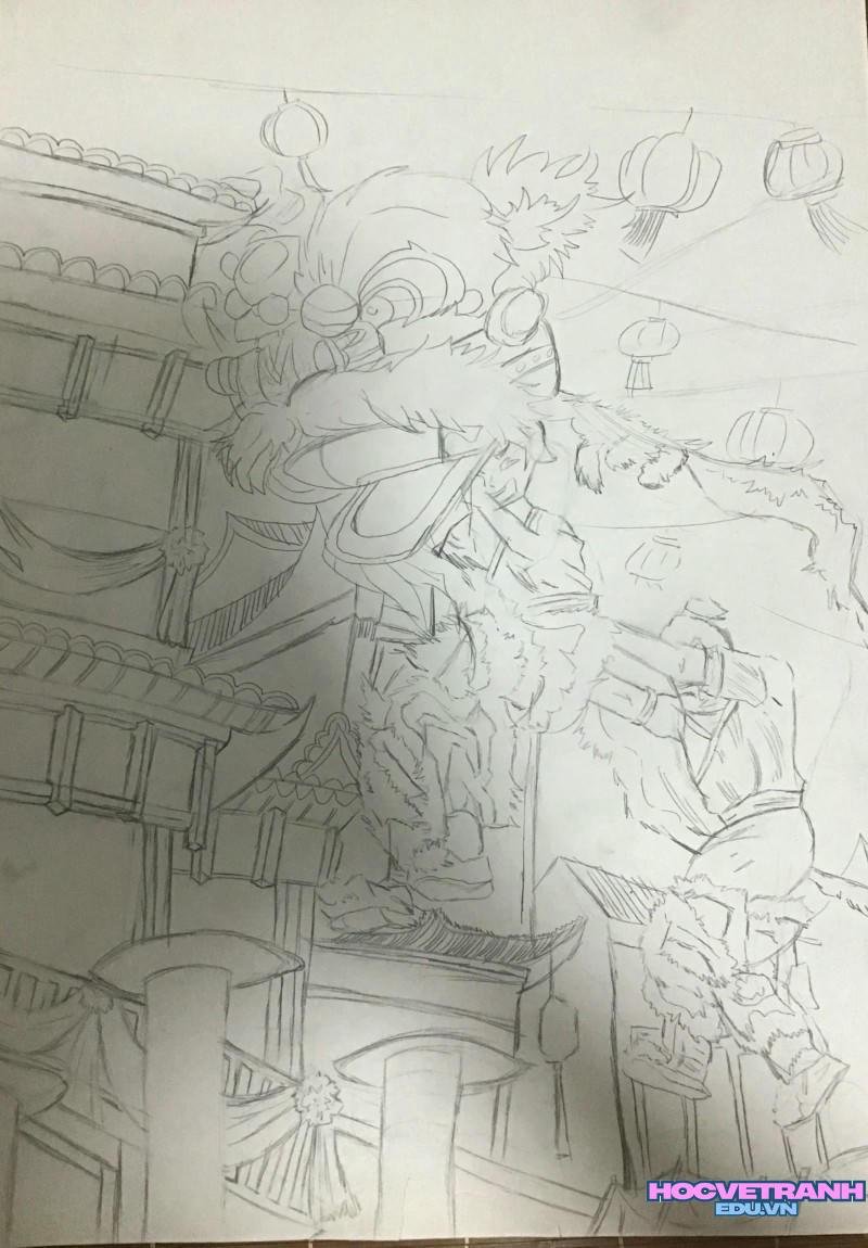 vẽ tranh múa lân ngày tết siêu chất