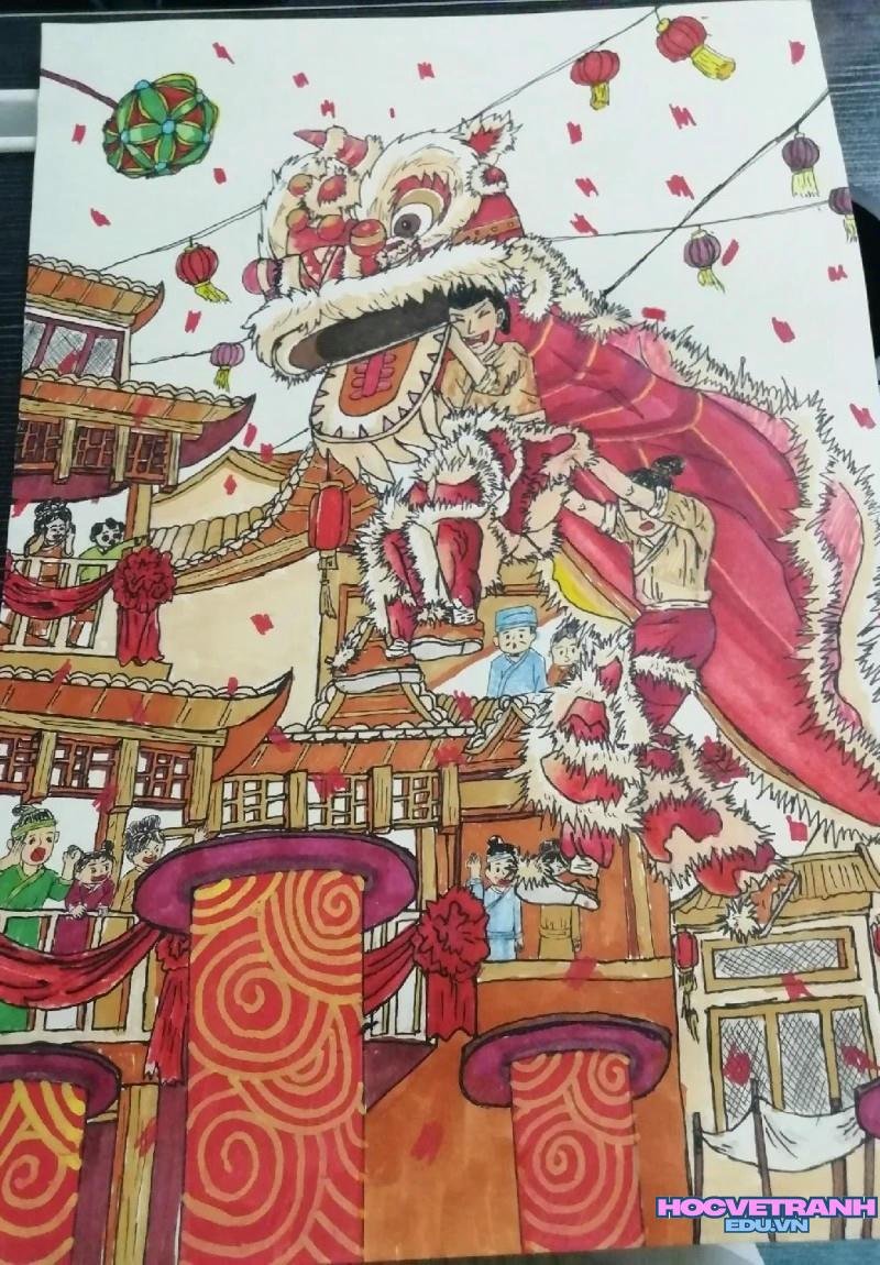 vẽ tranh múa lân ngày tết vn