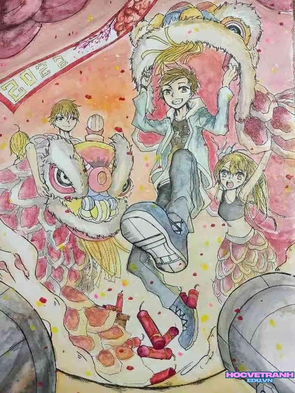 vẽ tranh múa lân rộn ràng