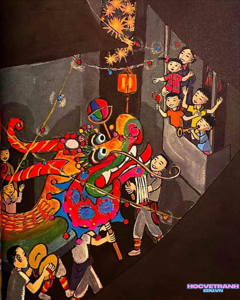 vẽ tranh múa lân sắc màu