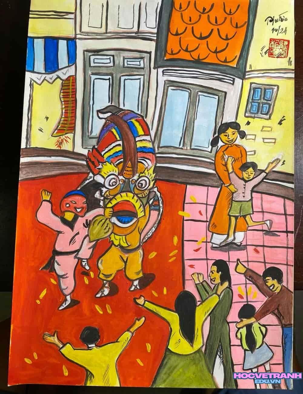 vẽ tranh múa lân truyền thống