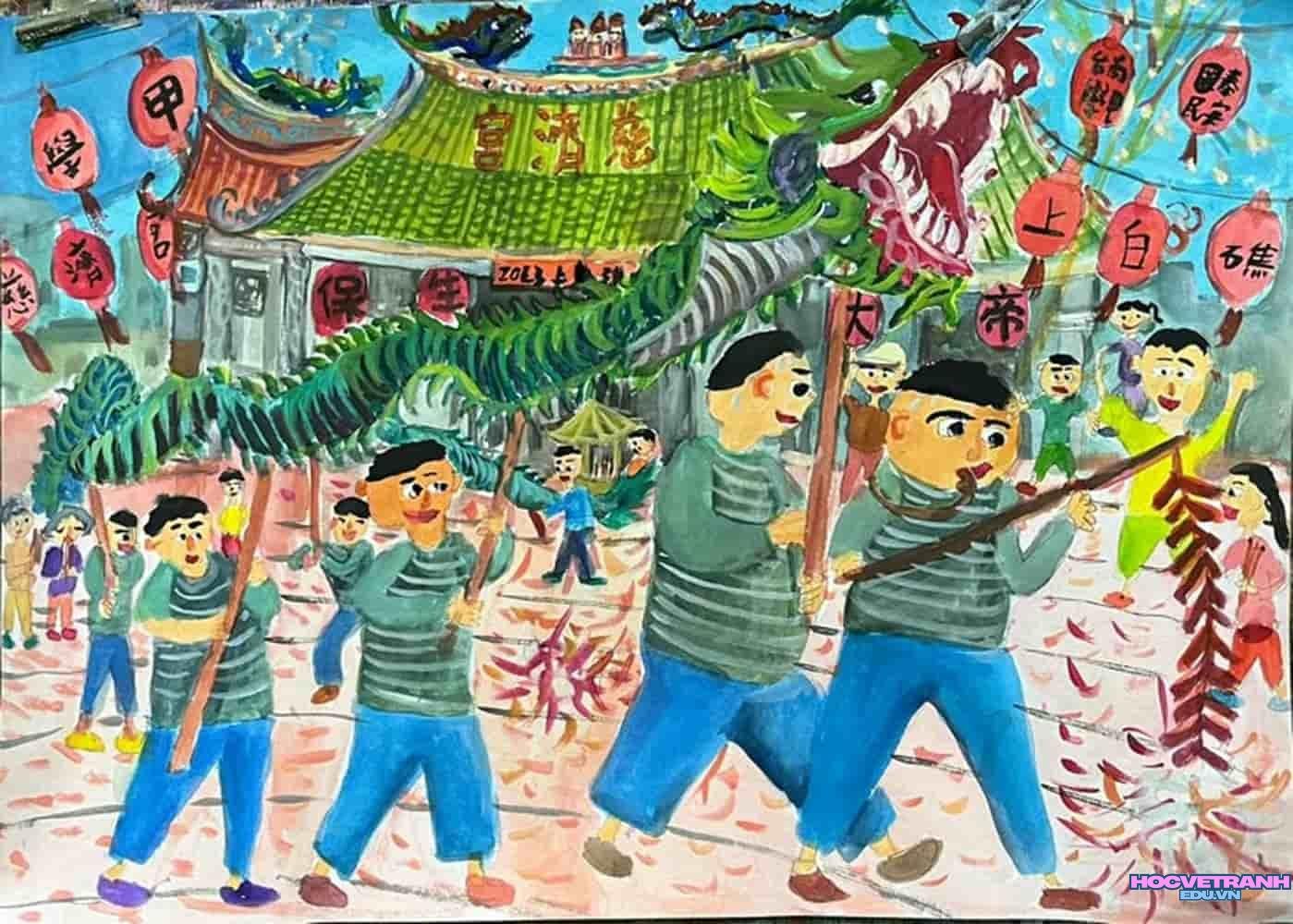 vẽ tranh múa lân vui tết