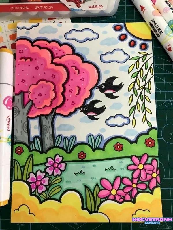 vẽ tranh mùa xuân hoa đào