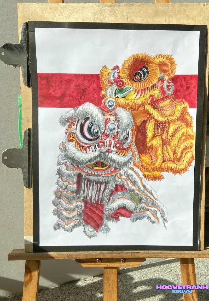 vẽ tranh ngày tết múa lân