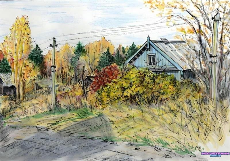 vẽ tranh phong cảnh làng quê đẹp​