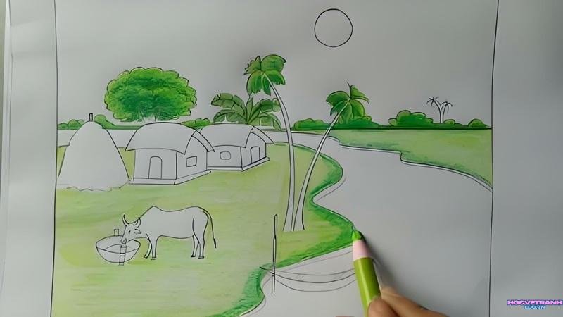 vẽ tranh phong cảnh làng quê đơn giản nhất​