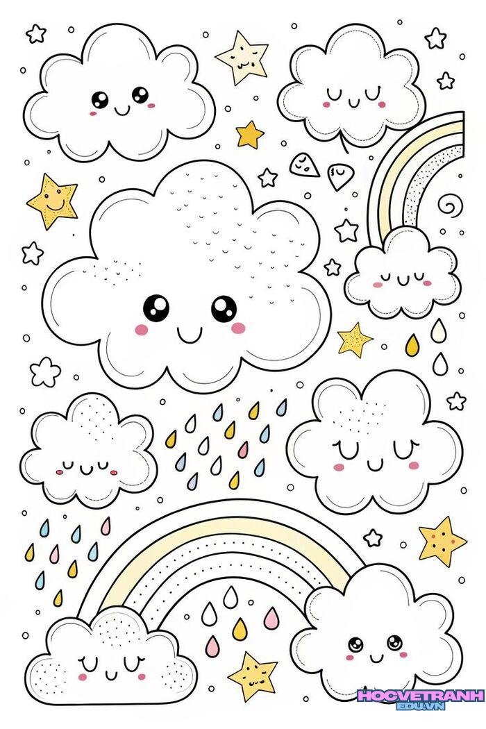 tranh tô màu đám mây dễ thương