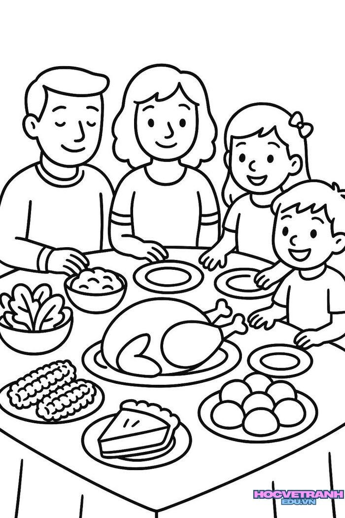 tranh tô màu gia đình ăn cơm