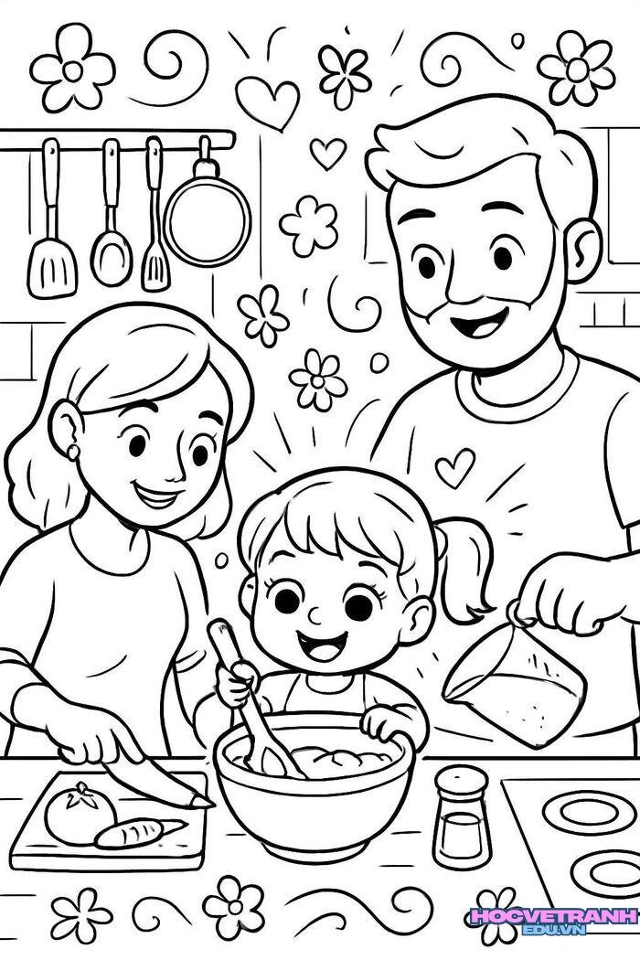 tranh tô màu gia đình giáo dục vào bếp