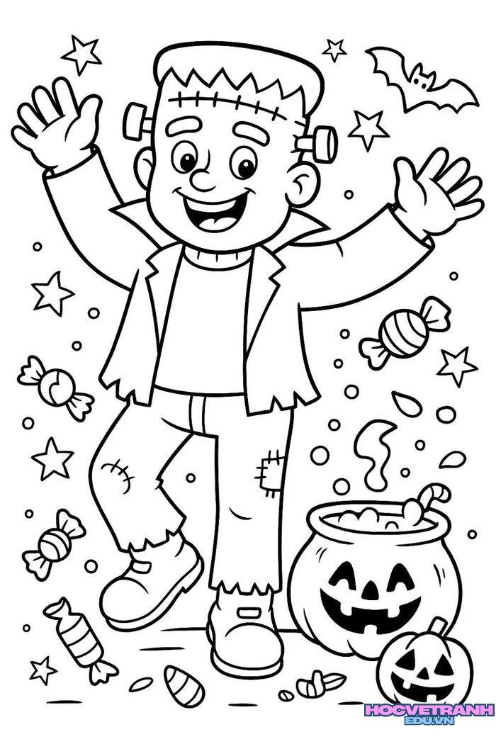 tranh tô màu halloween mèo đen