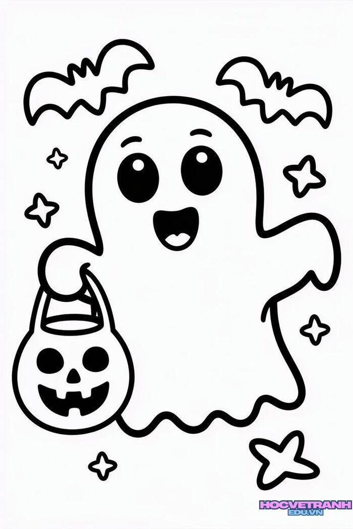 tranh tô màu halloween nét to con ma