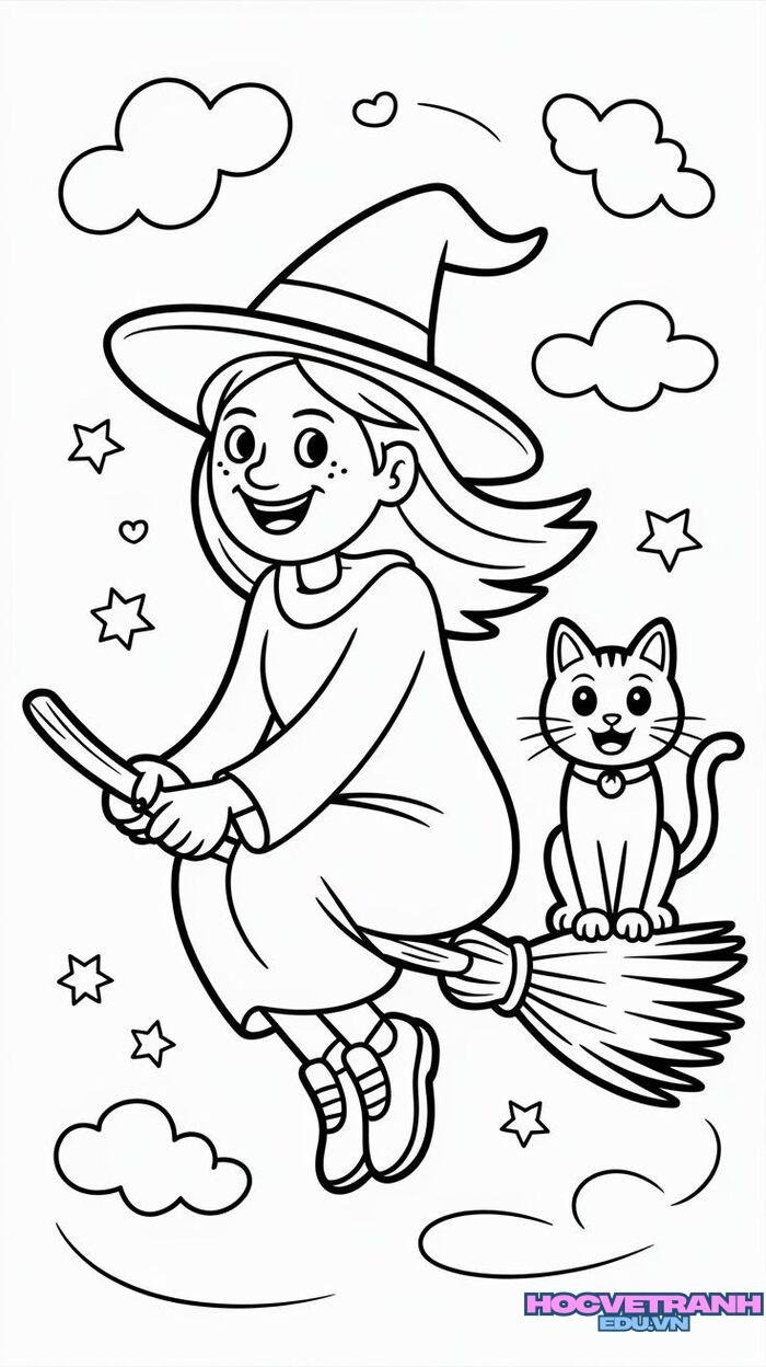 tranh tô màu halloween phù thủy