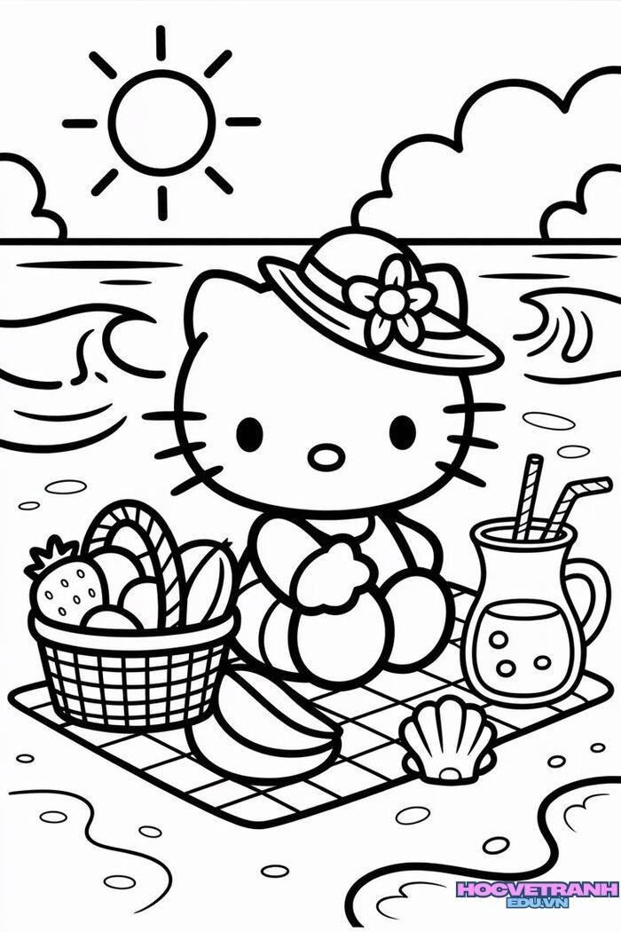 tranh tô màu hello kitty đi học