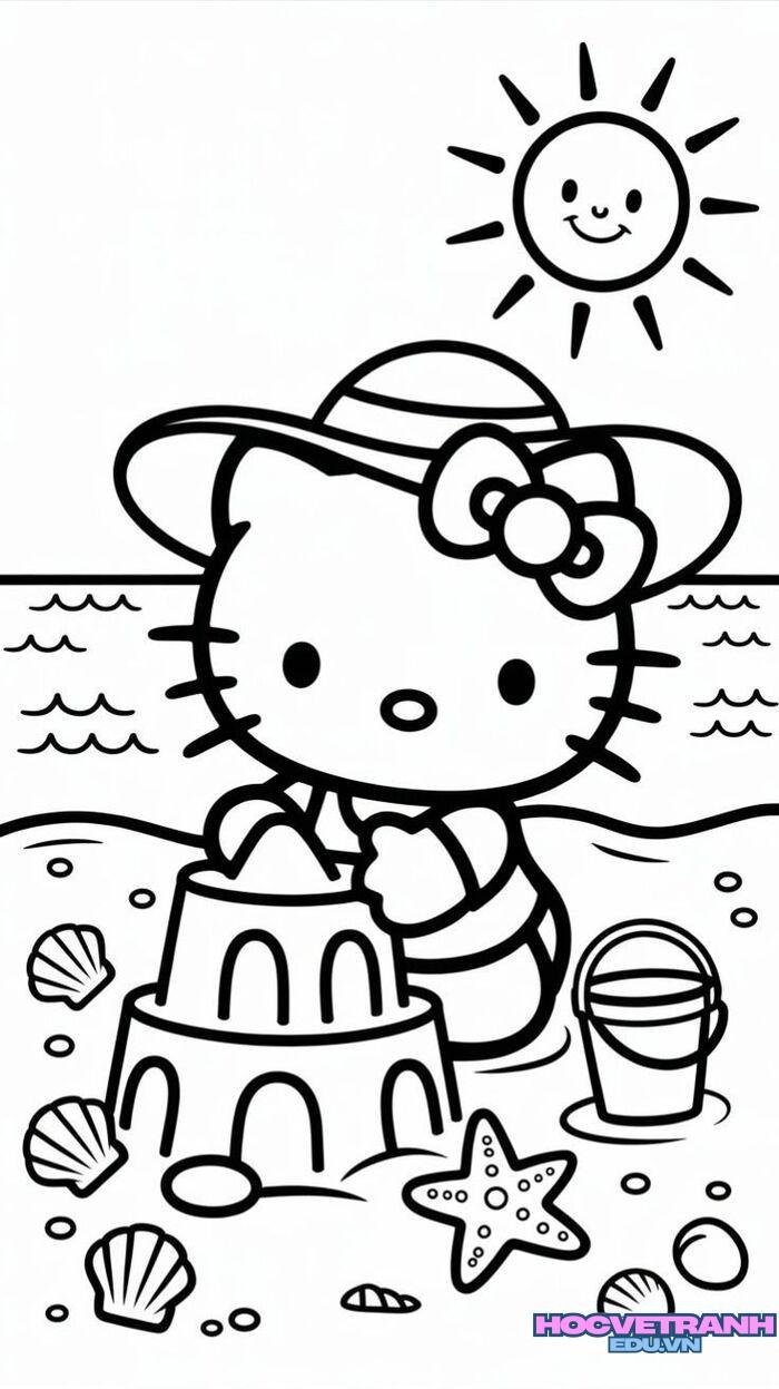 tranh tô màu hello kitty mặc váy