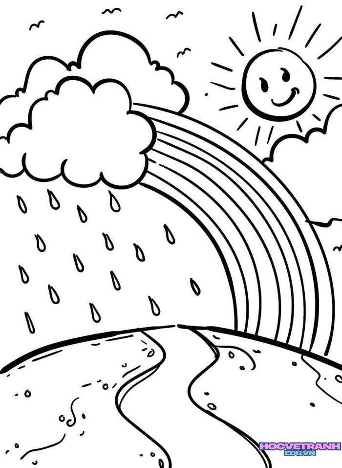 tranh tô màu hiện tượng tự nhiên cầu vồng mưa