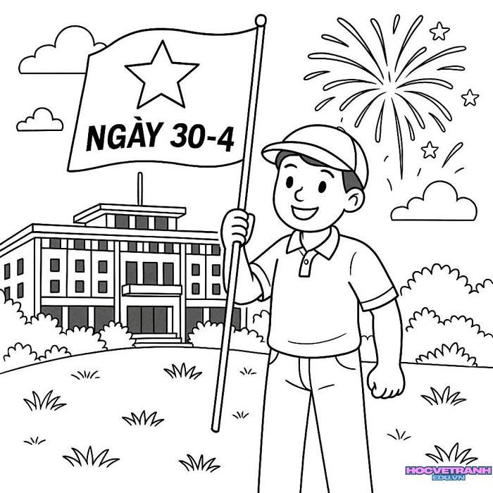 tranh tô màu lá cờ việt nam và cậu trai